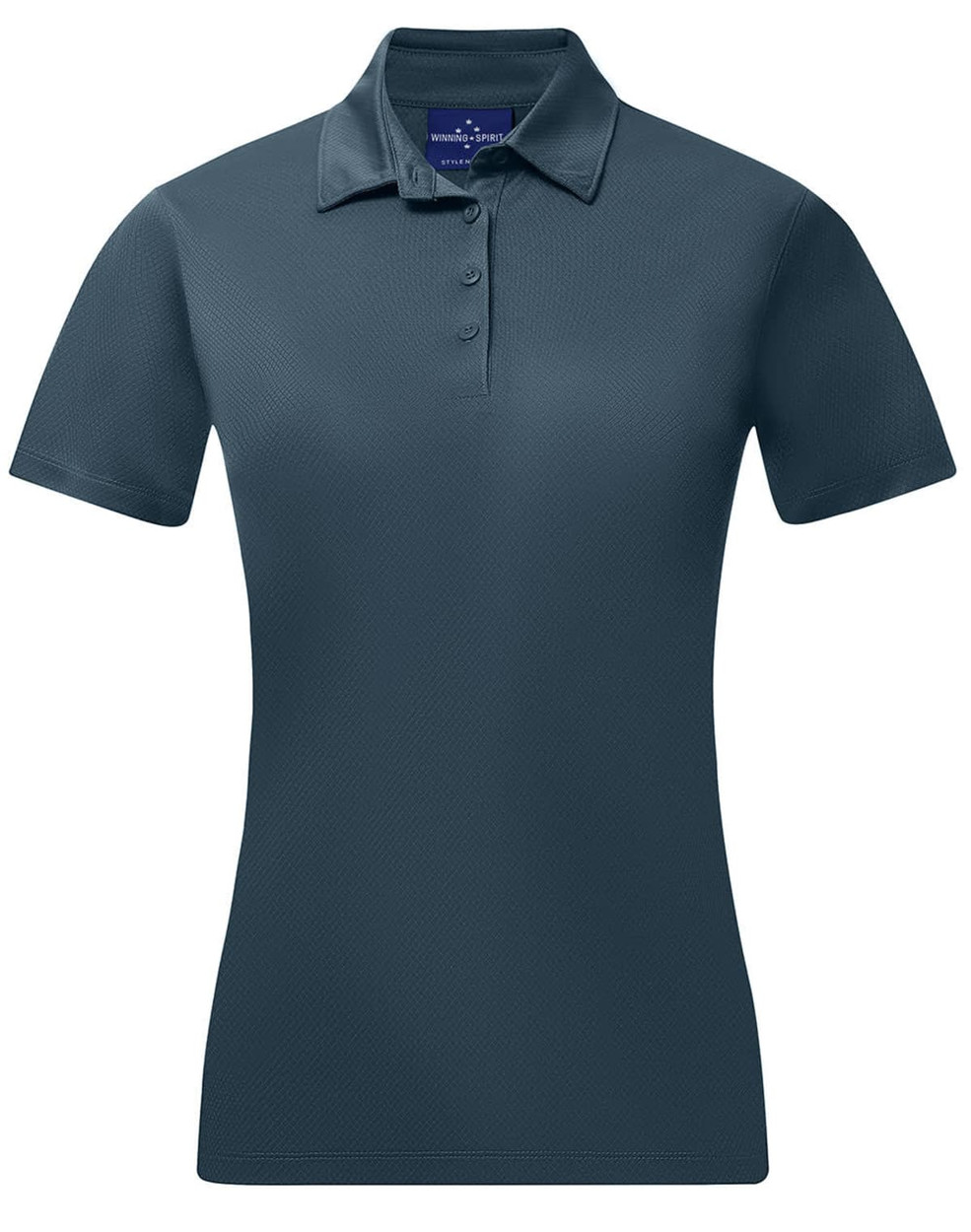 ALadies' sustainable jacquard knit short-sleeve polo in dark blue with a collar and button placket.