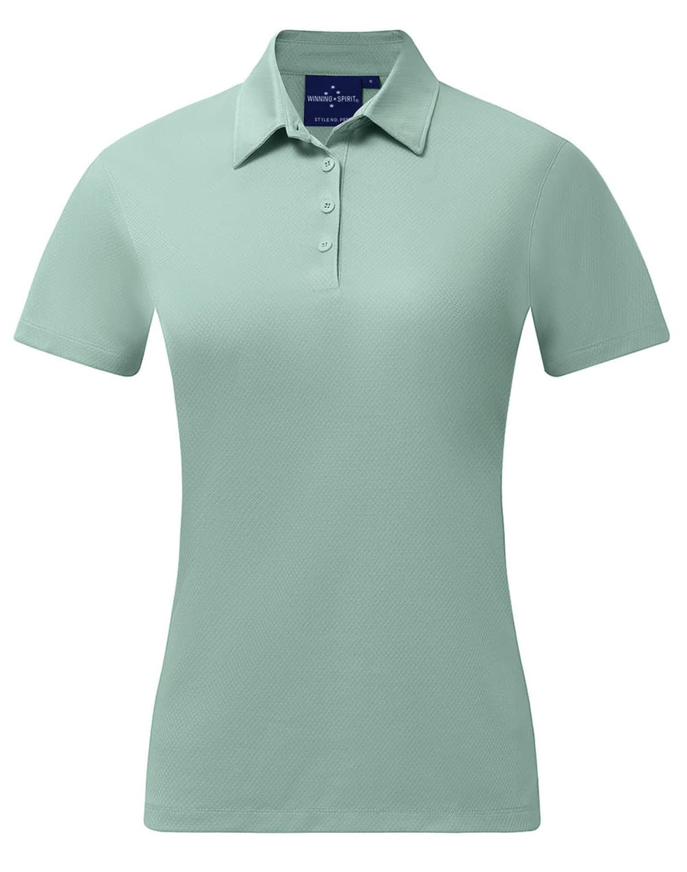 A mint green ladies' sustainable jacquard knit short sleeve polo with a collared neckline and three buttons.