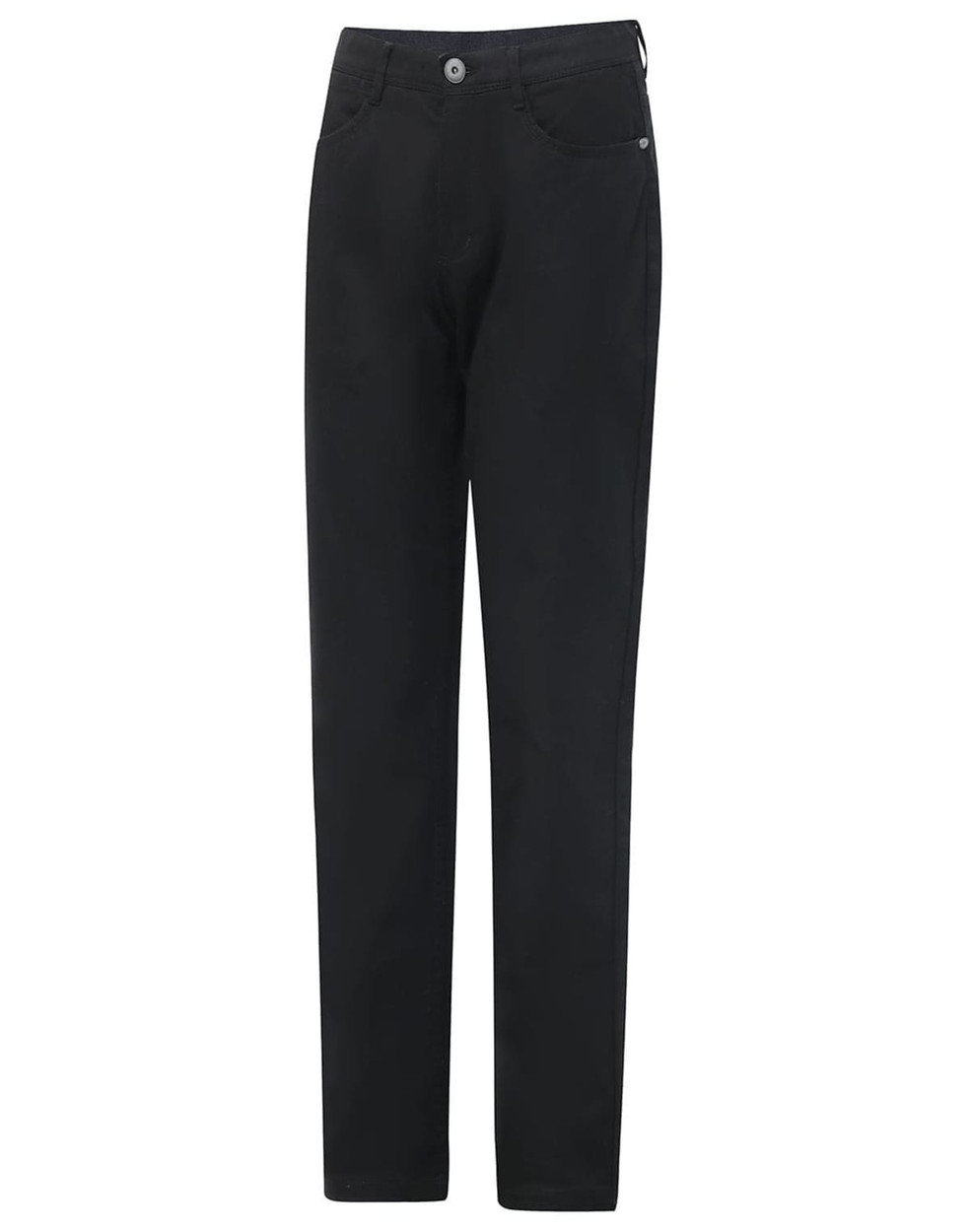 Black men's flexi chino pants with a classic jean style and a logo on the waistband.