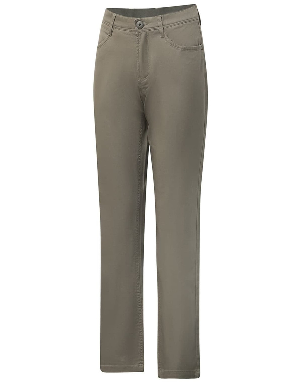 Men's flexi chino pants in a muted olive green, featuring a classic jean style with a logo on the waistband.