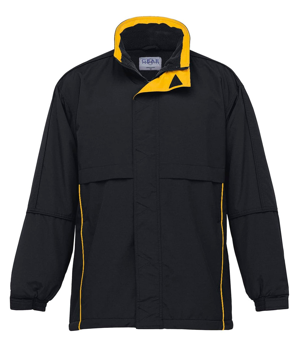A black rain jacket with yellow accents and a logo on the chest area. Features a high collar and long sleeves.