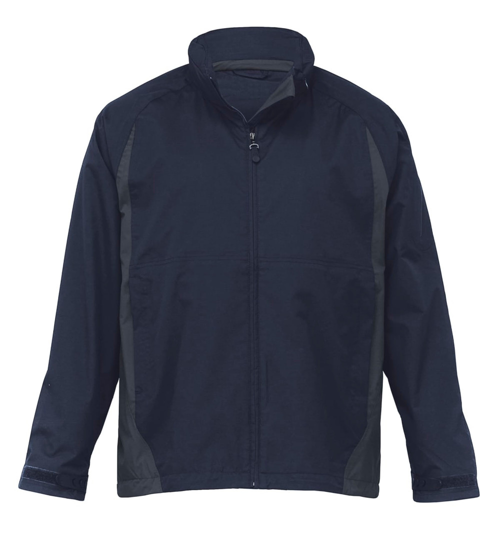 A navy jacket featuring a zip front and contrast panels, with a logo on the chest area.