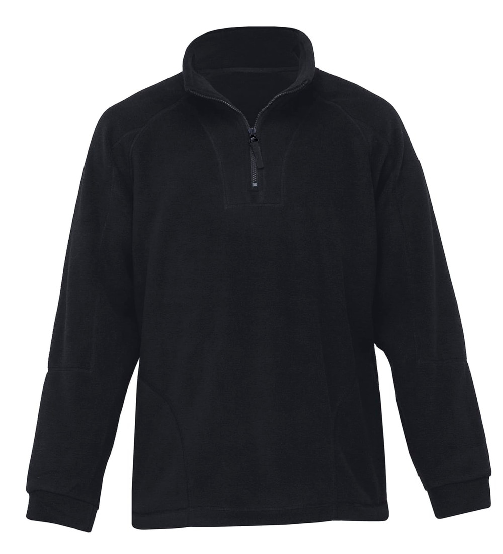 A black polar fleece pullover featuring a half-zip design and a collar. It has a logo on it.