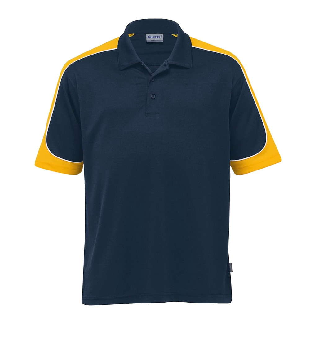 A navy blue polo shirt with yellow accents on the sleeves, featuring a collar and a branding logo.
