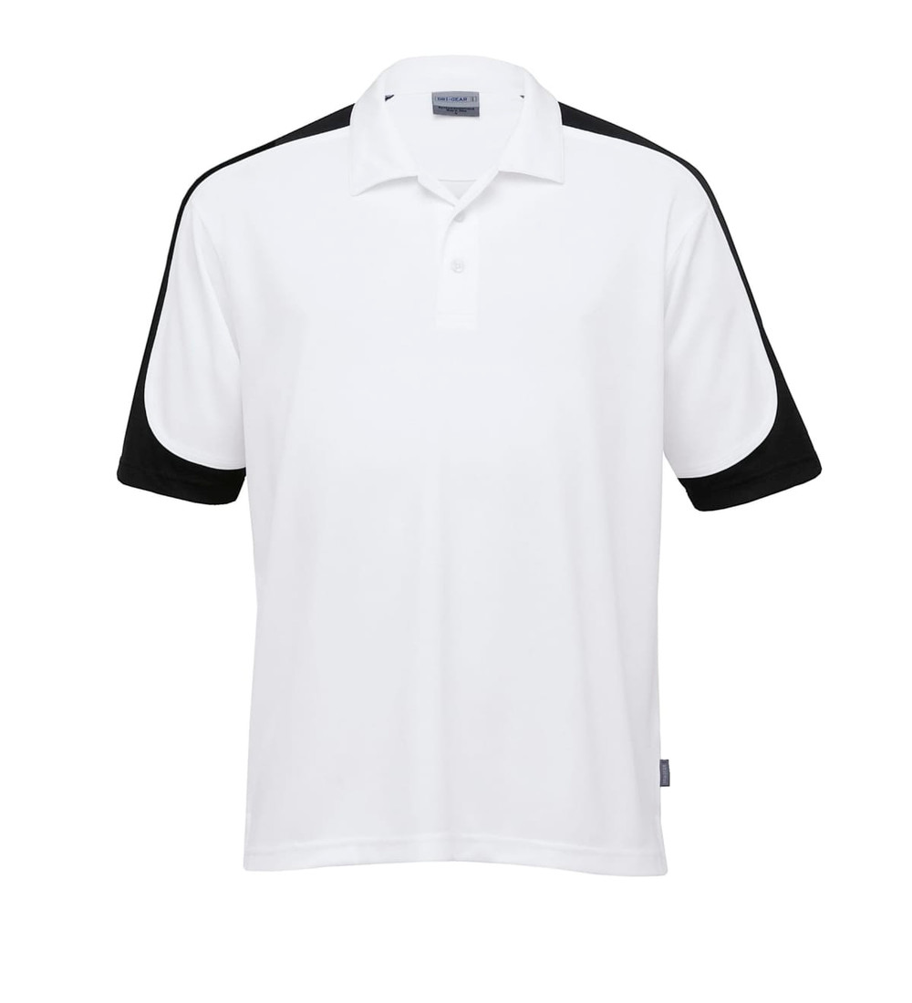 A white polo shirt with black sleeves and a logo on the chest. Short sleeves and a classic collar design.