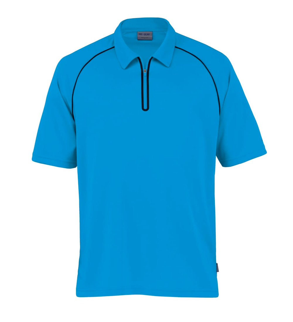A blue polo shirt with a quarter zip and contrasting black piping, featuring a logo on the collar.
