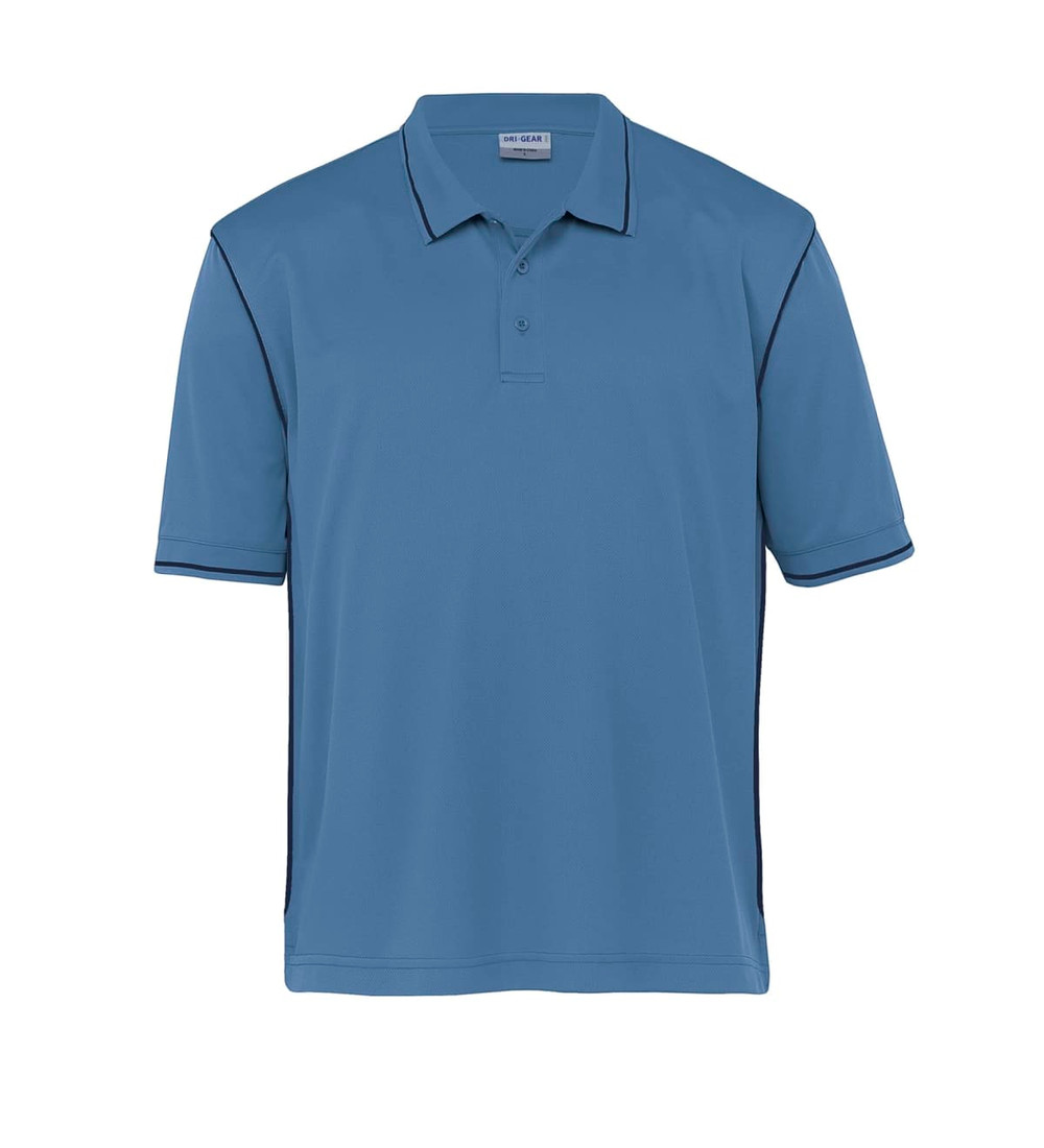 A men's polo shirt in a light blue colour with contrasting dark side panels and a logo on the chest.