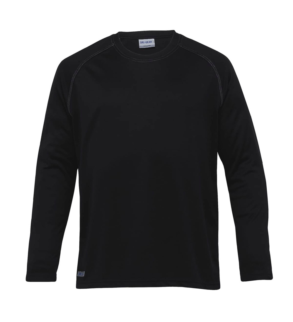 A long sleeve men's t-shirt in black, featuring a logo on the bottom.