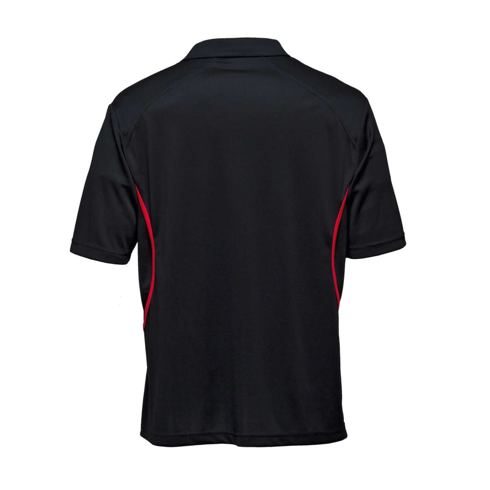 A black polo shirt with red accents and a logo on the back.