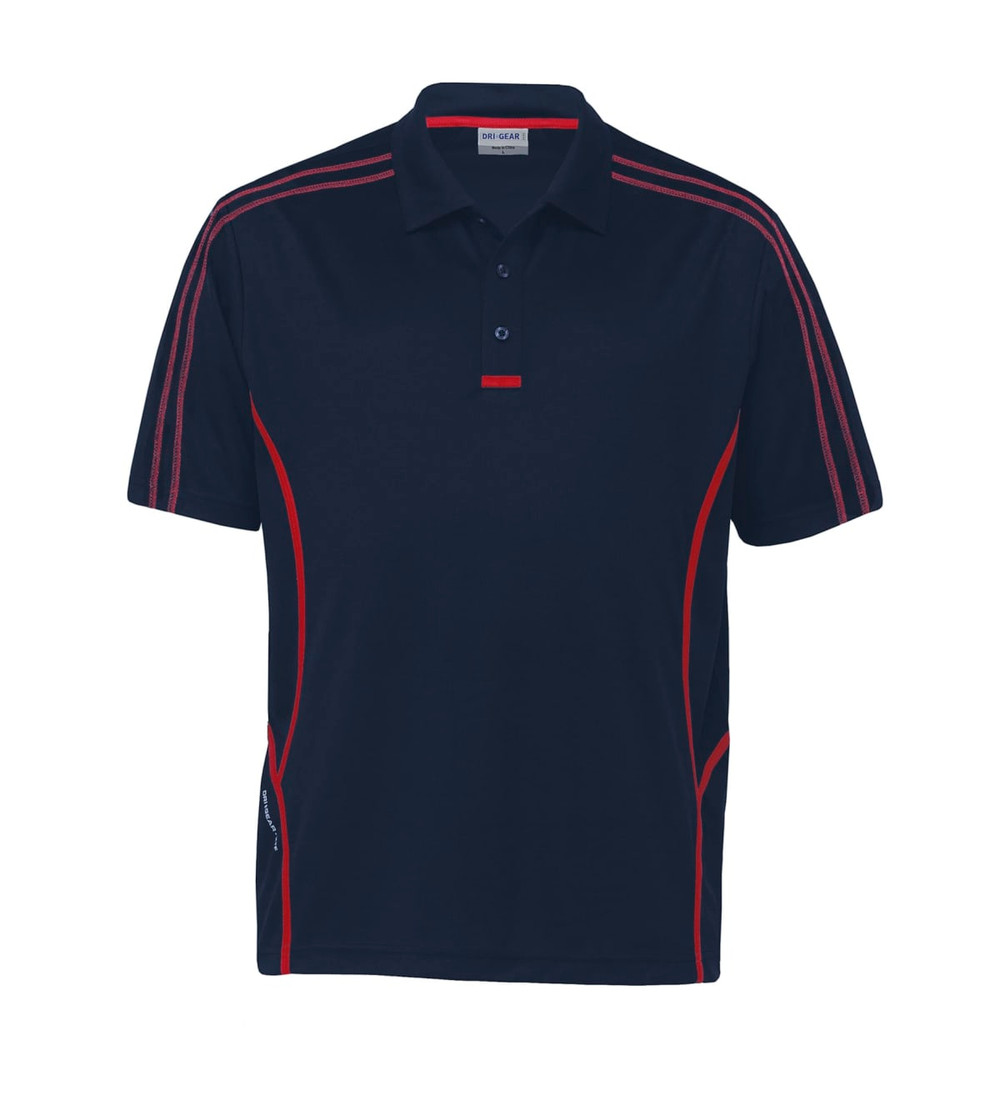 A navy polo shirt with red accents and a branded logo on the front. It features a classic collar and short sleeves.