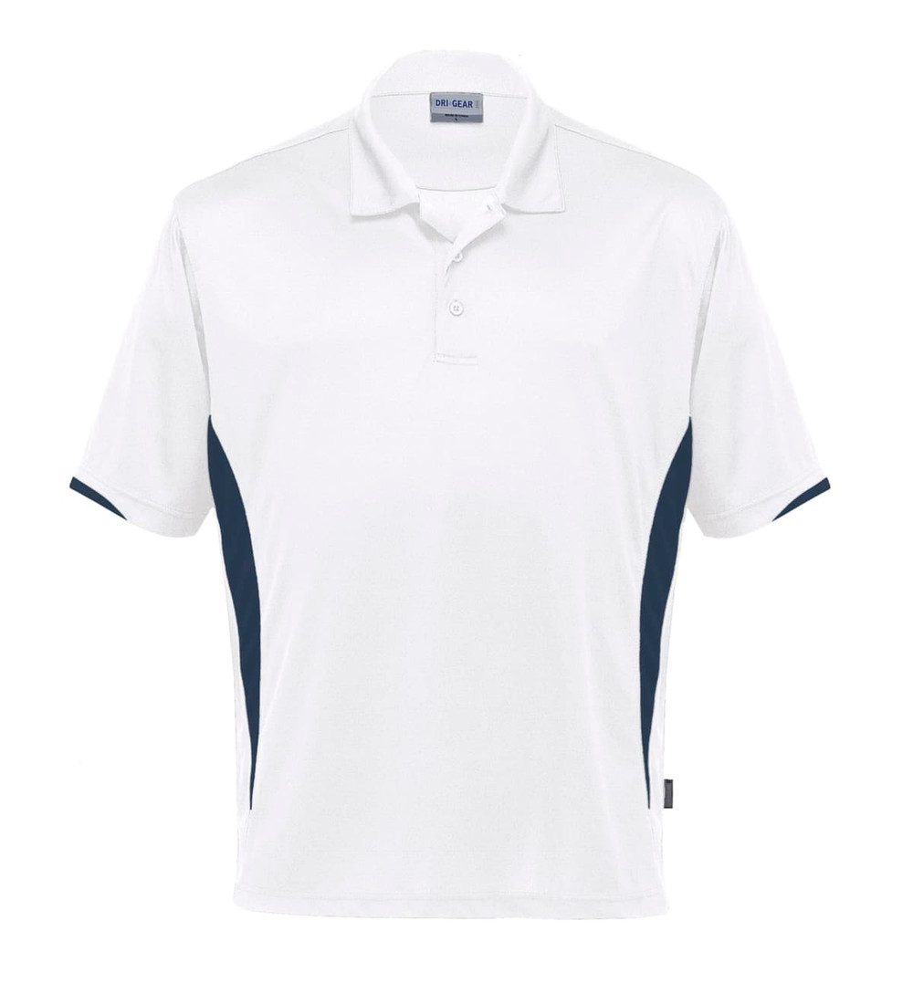 A white polo shirt with navy side panels and a logo on the chest. Short-sleeved and made of moisture-wicking fabric.