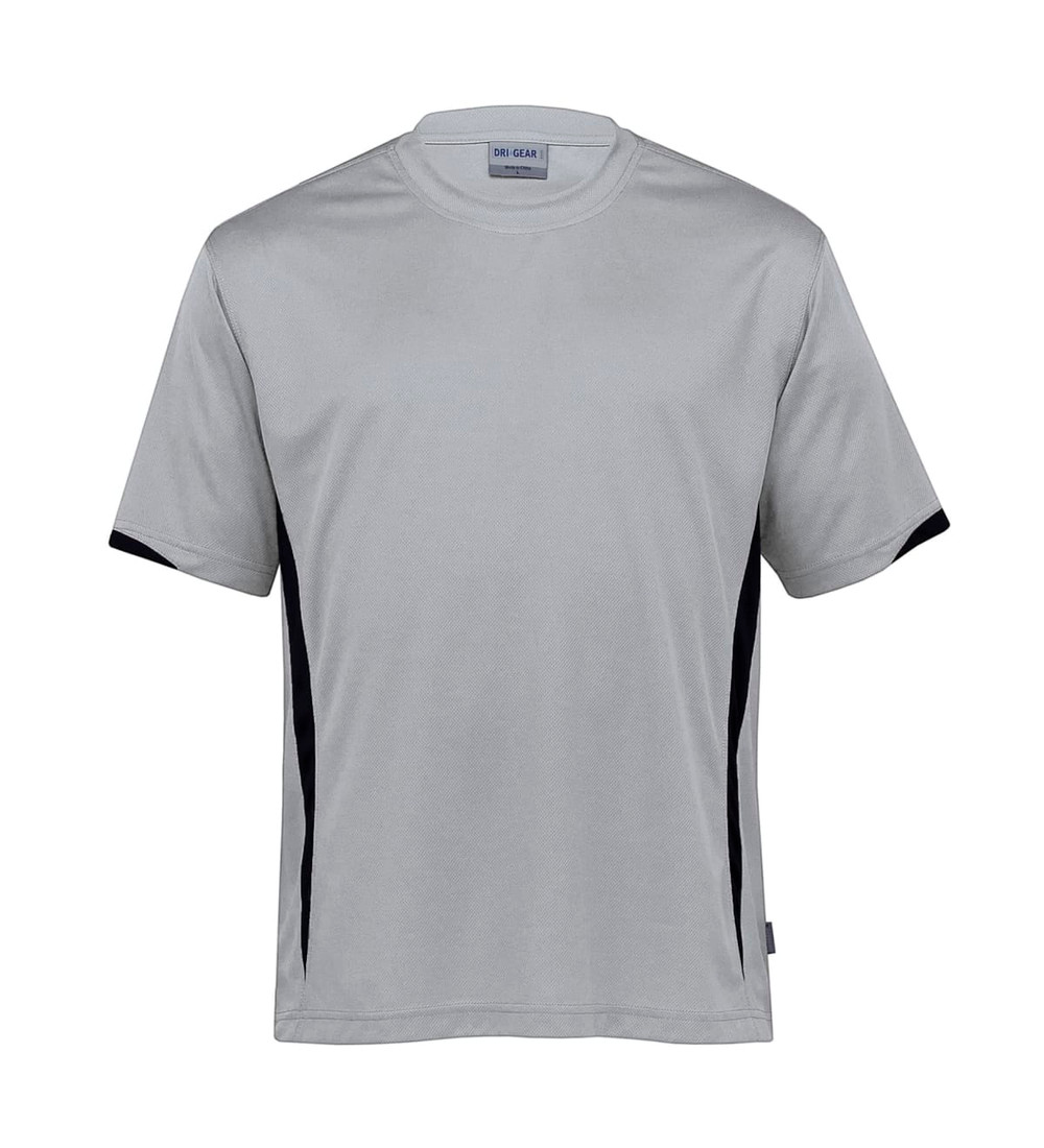 A light grey t-shirt with black side accents and a simple logo. Suitable for casual wear or active use.