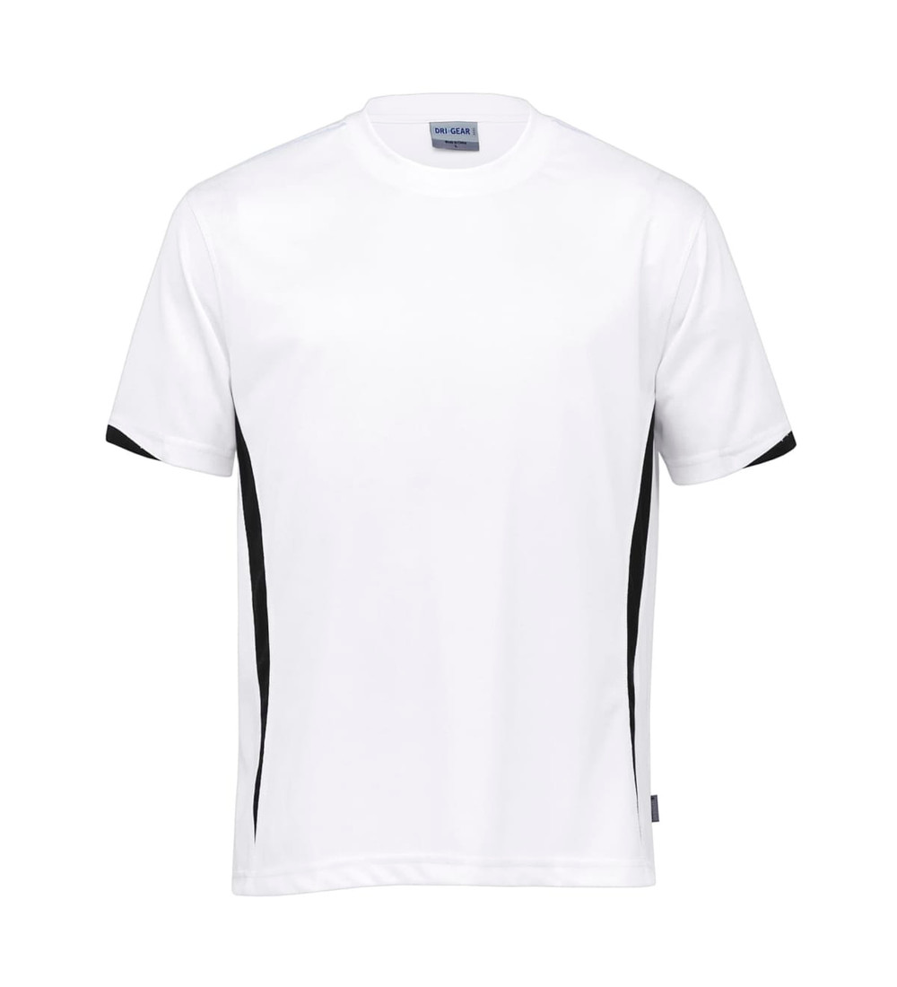 A white t-shirt with black side detailing and a logo, designed for sports and casual wear.