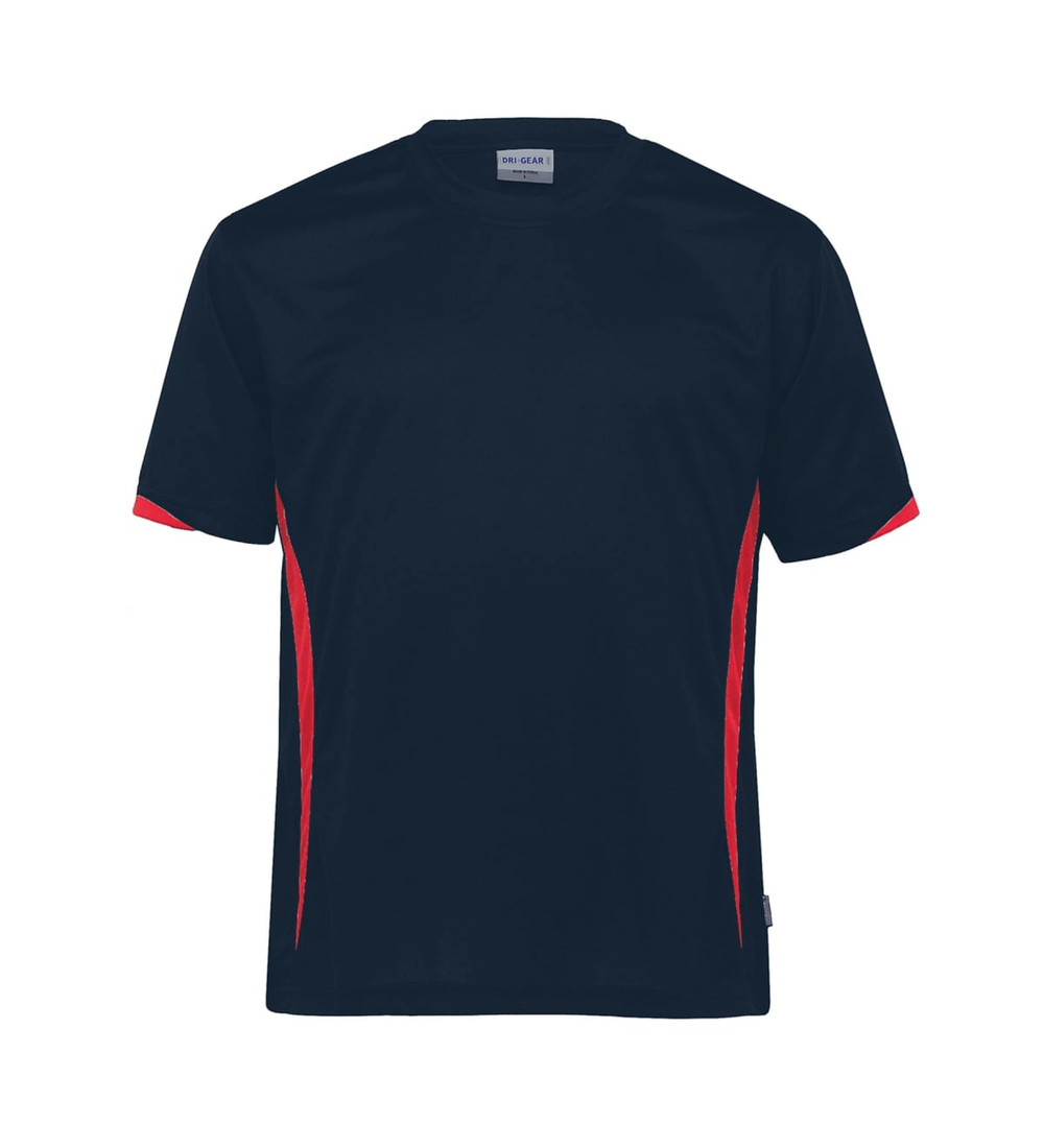 A navy T-shirt with red accents and a logo, designed for youth. It features a sporty style and a relaxed fit.