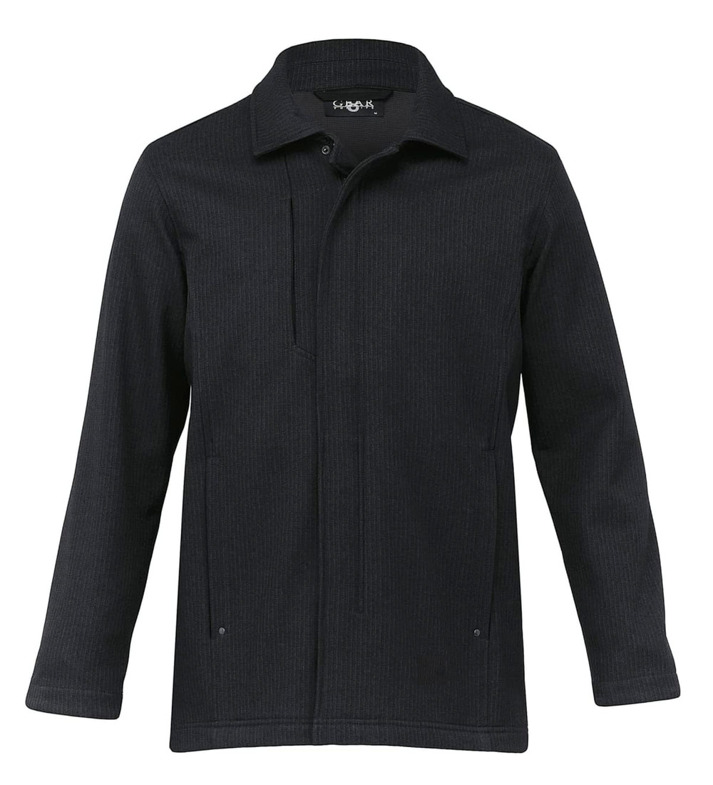 A black soft shell jacket with a collar and front pockets, featuring a logo on the chest area.