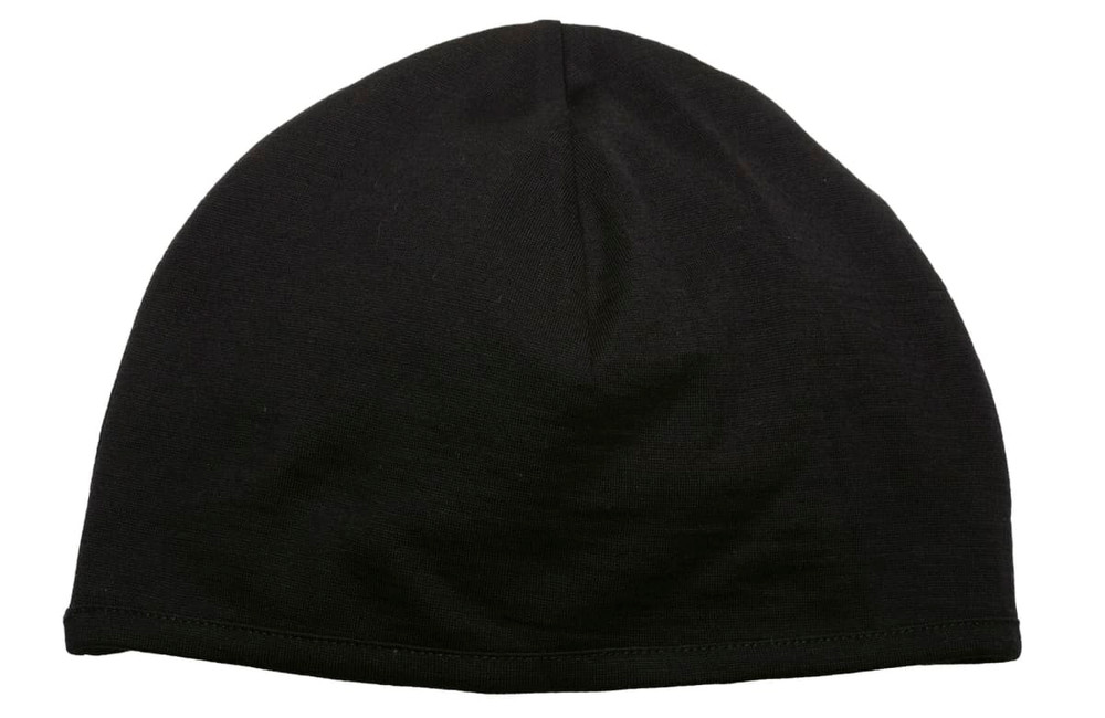 A black Merino Arctic Beanie with a smooth, stretchy texture, featuring a logo.