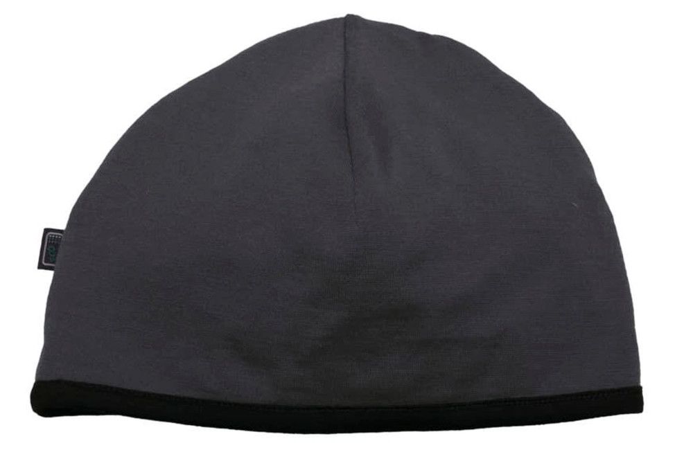 A Merino Arctic Beanie in dark grey with a black trim, featuring a small logo on the side.
