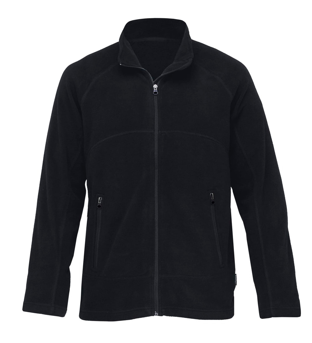 A black microfleece jacket with a zip front and two side pockets, featuring a logo.