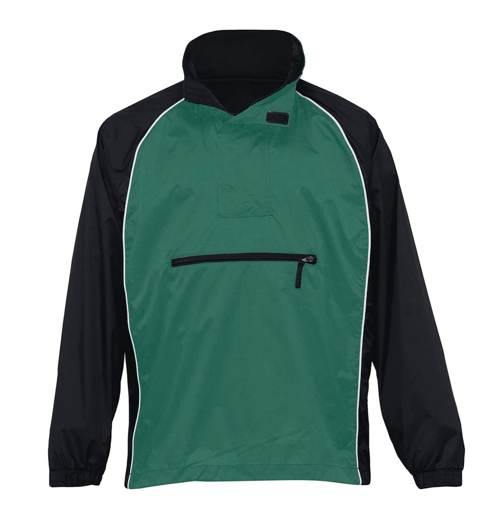 A green and black nylon jacket with a half-zip collar and a front pocket. It features a logo on the chest.