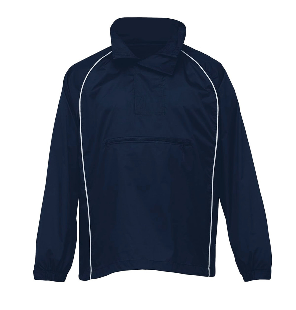 A navy blue youth nylon rain jacket with a quarter zip and a front pocket, featuring white piping and a logo.