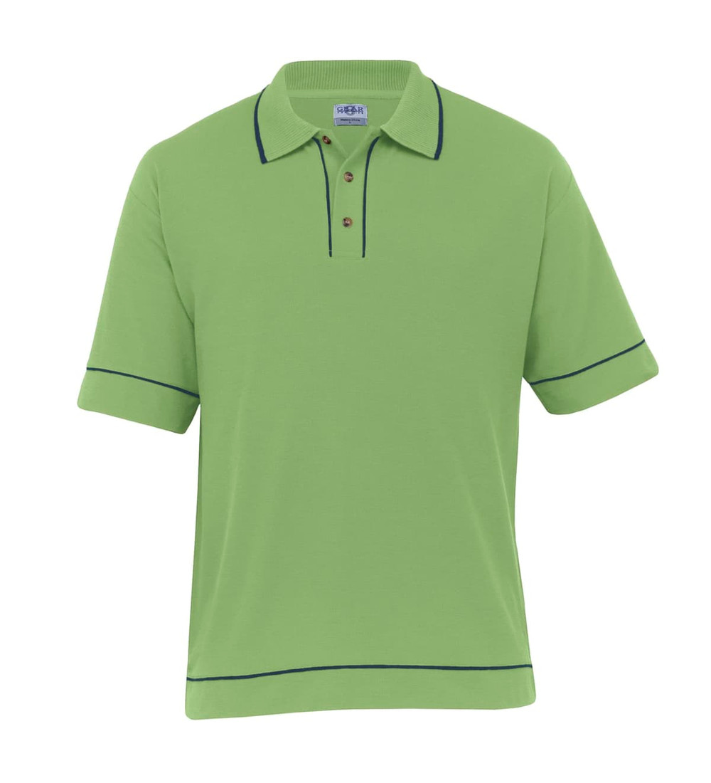 A retro men's polo shirt in bright green with navy blue piping and a three-button placket. It features a logo.