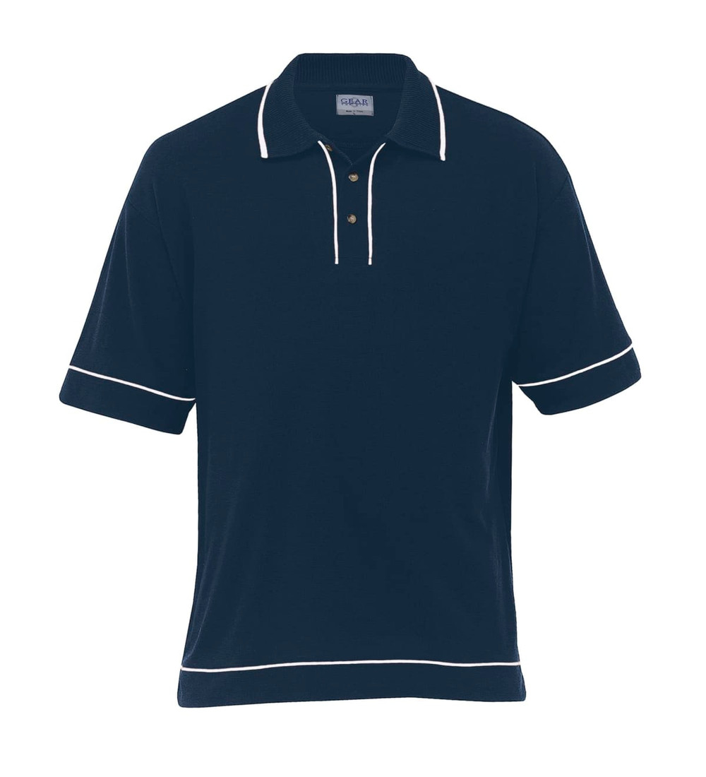A navy blue polo shirt featuring white piping, with a classic collar and three buttons, and a logo.