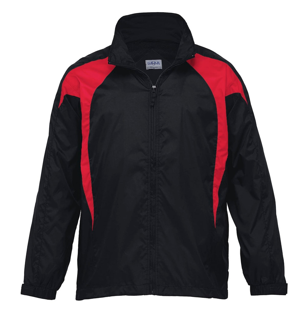 A black and red rain jacket with a zip front and a logo on the chest.