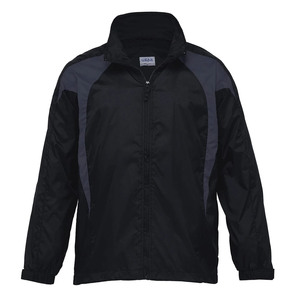 A black and grey spliced jacket with a zip front and stand collar, featuring a logo on the chest.