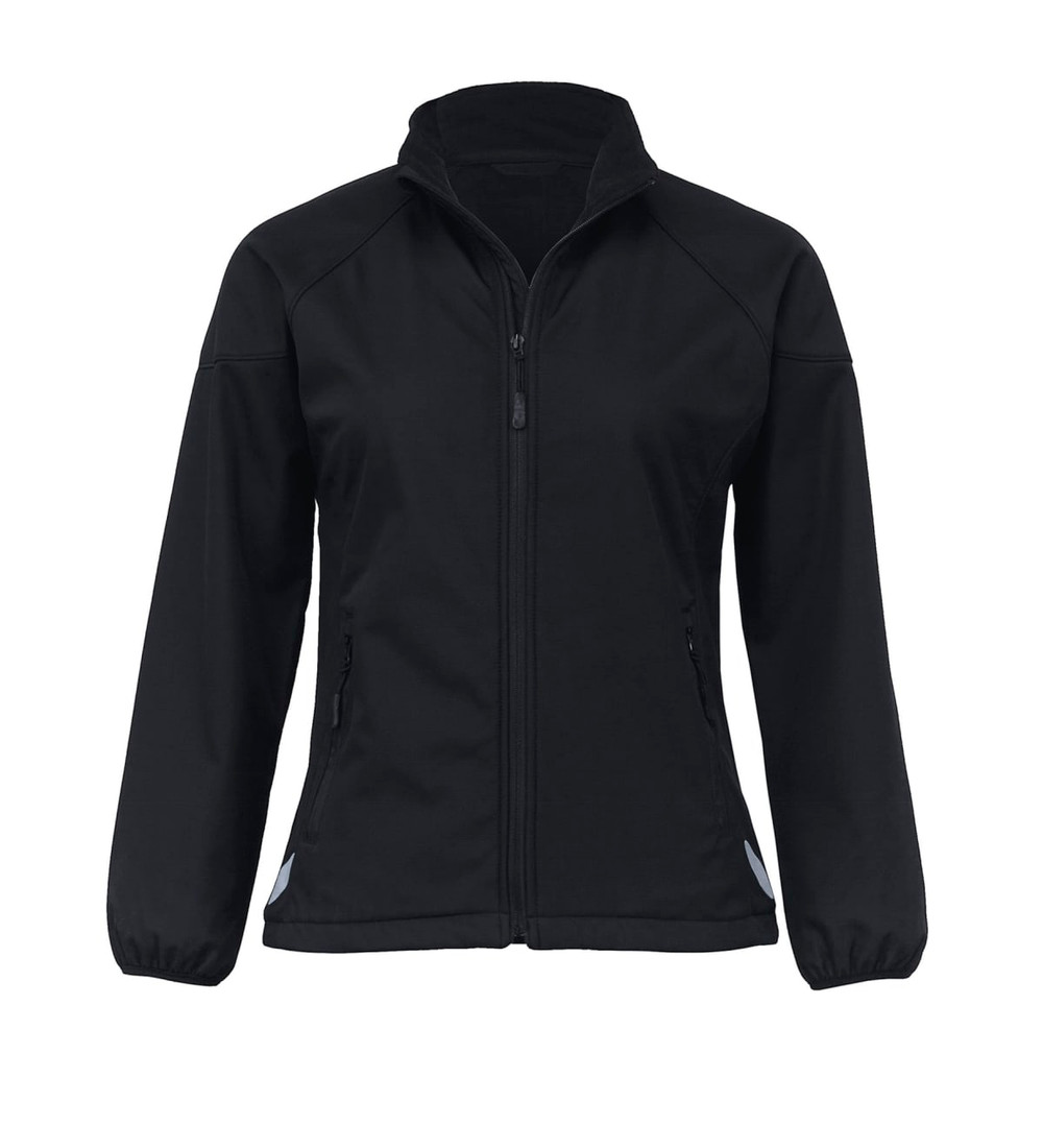 A soft shell jacket in black with a zip front and side pockets, featuring elasticised cuffs and a collar.