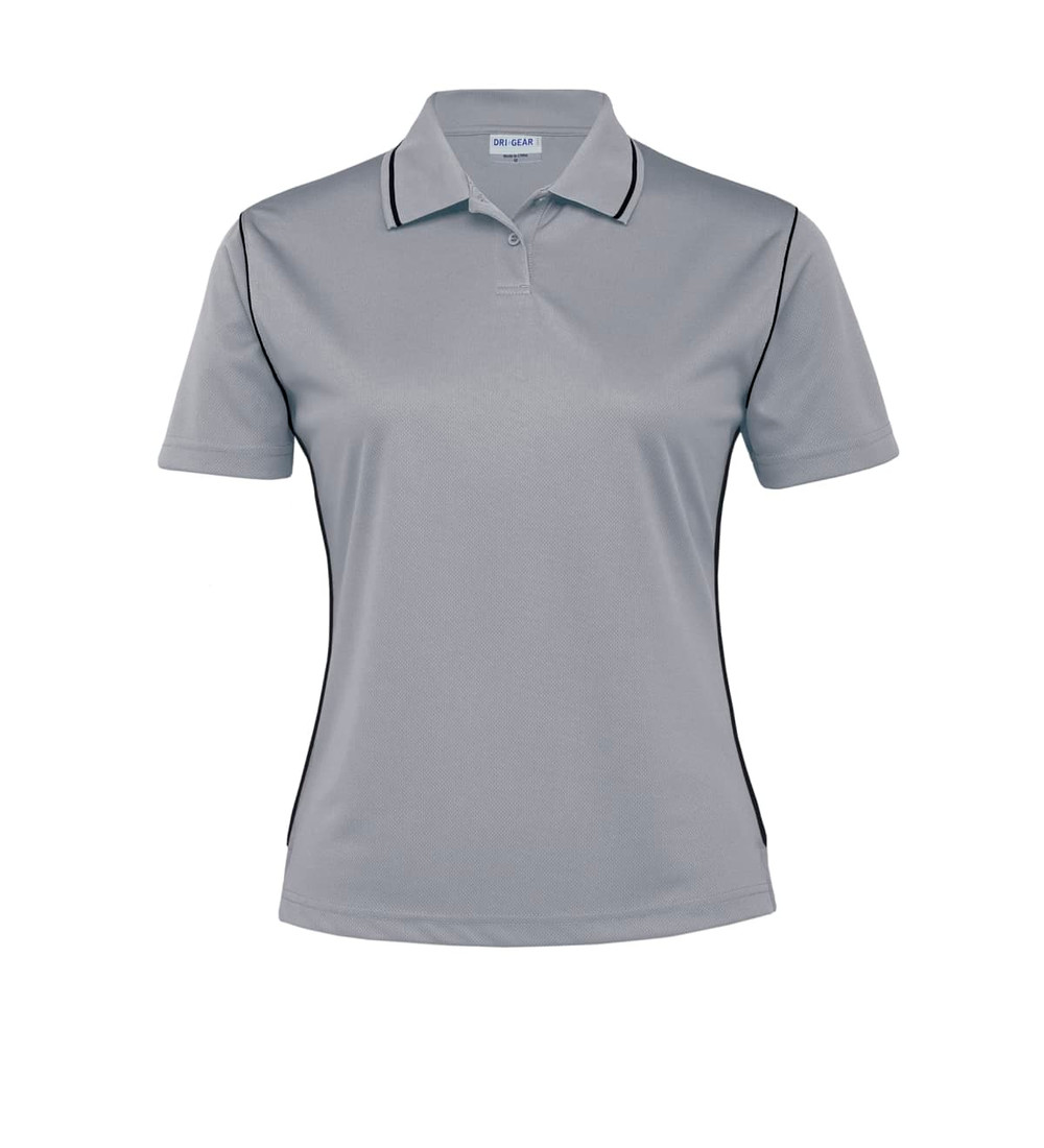 A women's polo shirt in light grey with black accents and a branding logo on the top.