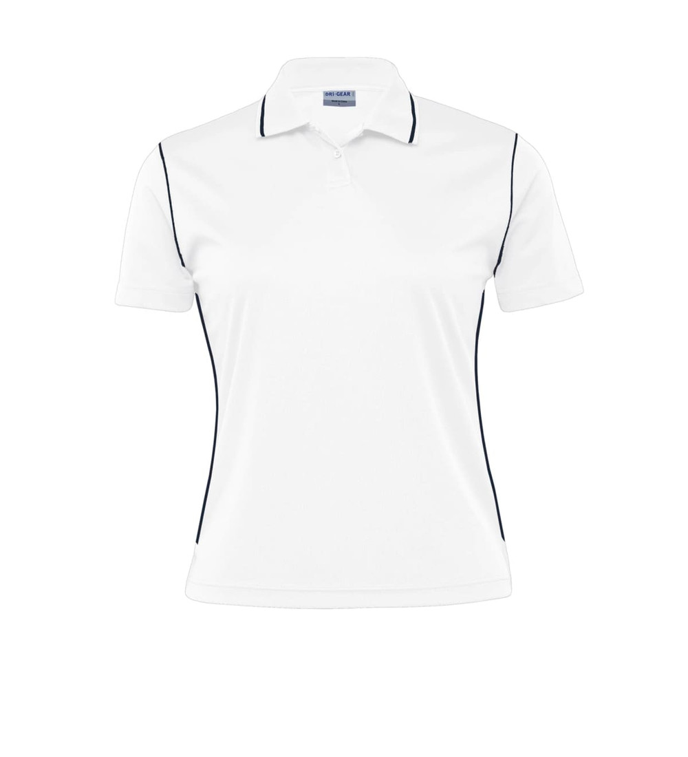 A women's polo shirt in white with navy blue detailing and a logo on the chest.