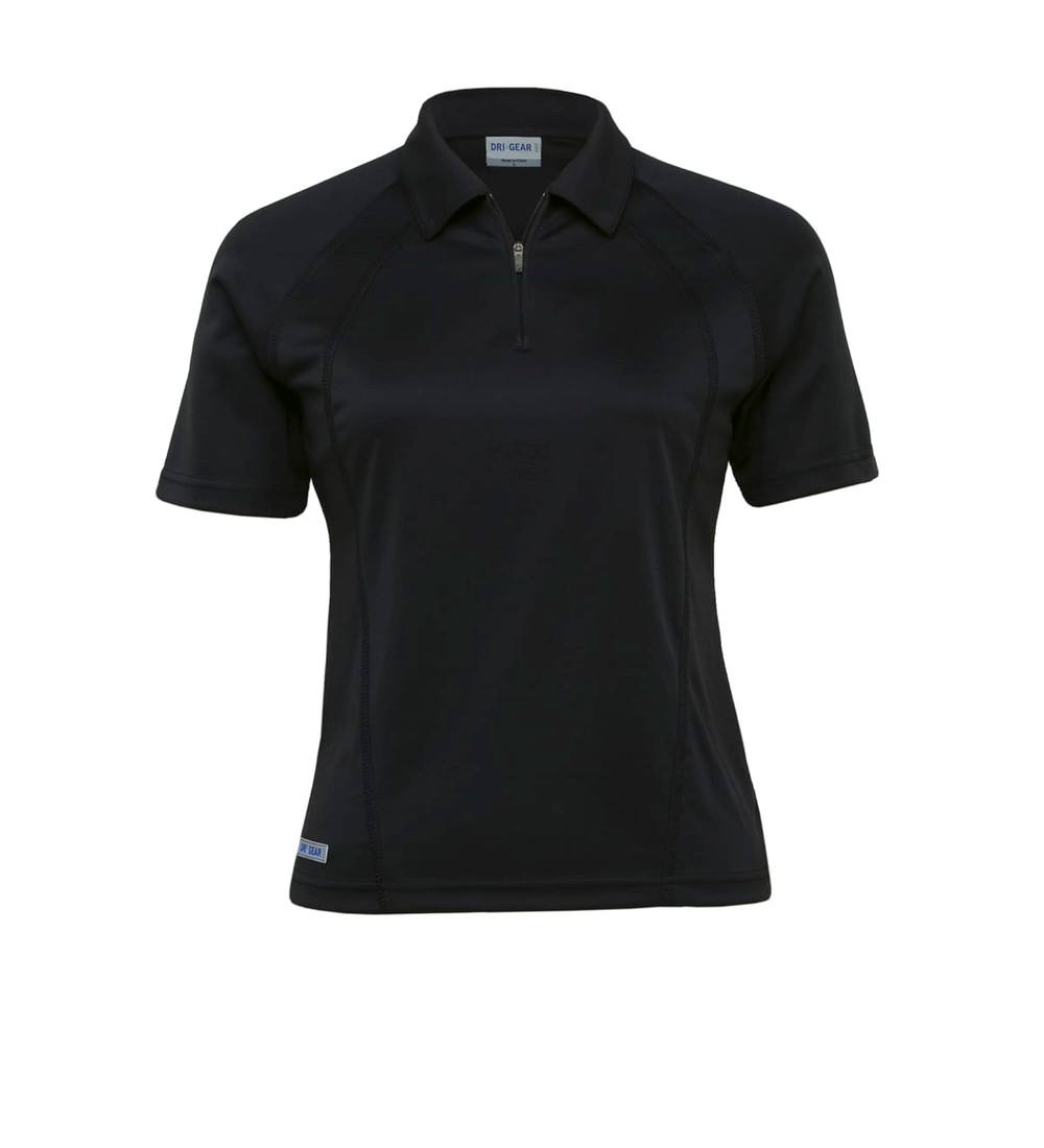 A black women's polo shirt with a zip collar and short sleeves, featuring a logo on the side.