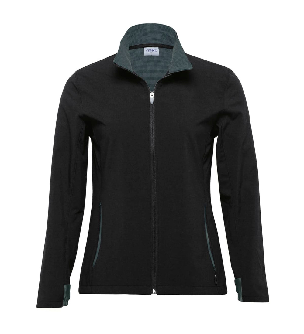 A women's soft shell jacket in black with green accents, featuring a zip front and two side pockets.
