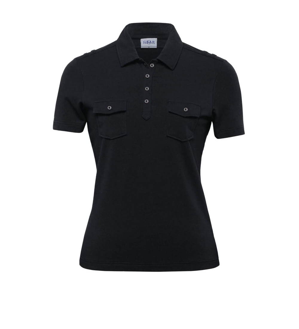 A black women's polo shirt featuring a collared neck and two chest pockets, with a logo on the label.