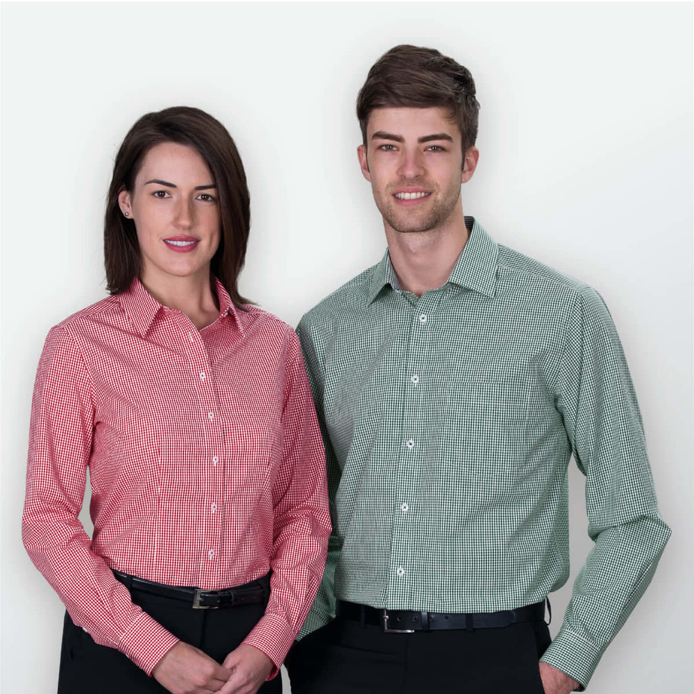 A red and white check button-up shirt worn by a woman and a green and white check button-up shirt worn by a man, both with logos.