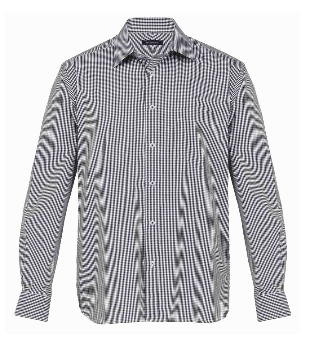 A men's button-up shirt in a black and white check pattern, featuring a pocket and a collar.