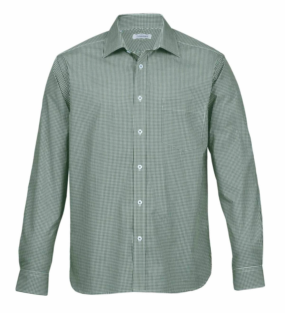 A green and white check button-up shirt with a classic collar and long sleeves. It features a logo on the chest.