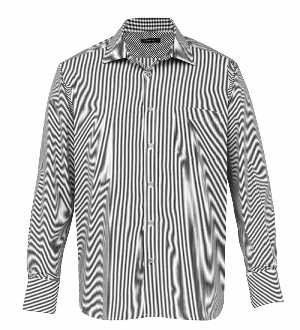 A men's button-up shirt featuring a black and white striped pattern and a chest pocket. It has a logo on the collar.
