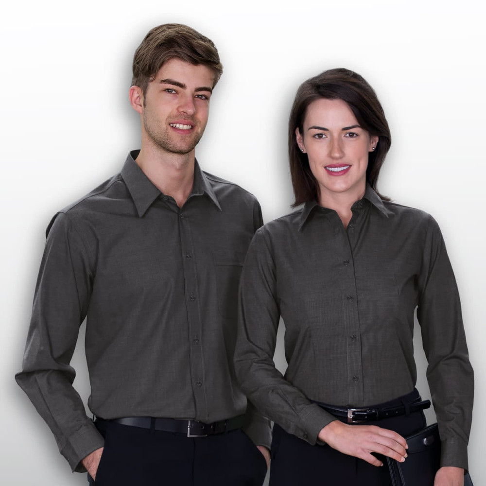 A button-up shirt for women in dark grey, featuring a classic collar and a subtle, textured pattern.