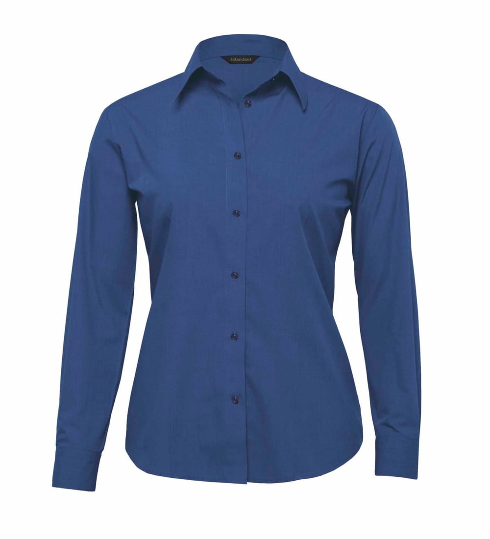 A women's button-up shirt in navy blue with a collar and long sleeves, featuring a logo on the tag.