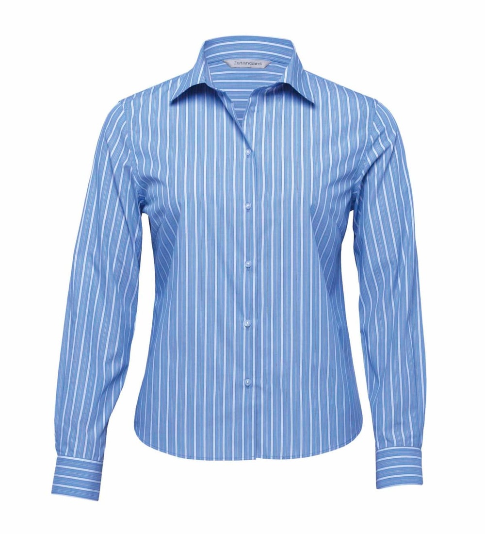 A women's button-up shirt featuring a light blue and white striped design. It has a collared neckline and long sleeves.