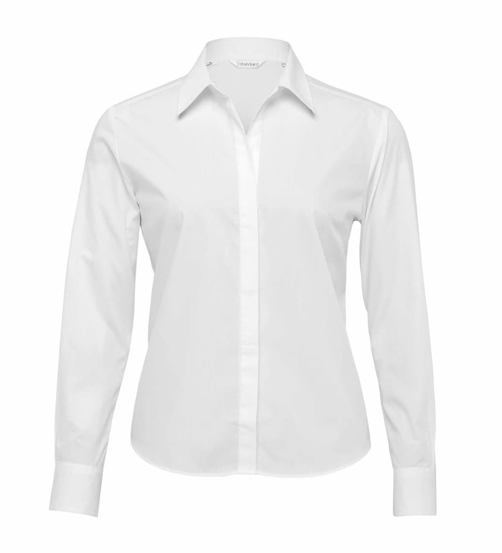 A white button-up shirt with long sleeves and a collar, featuring a logo on the side.