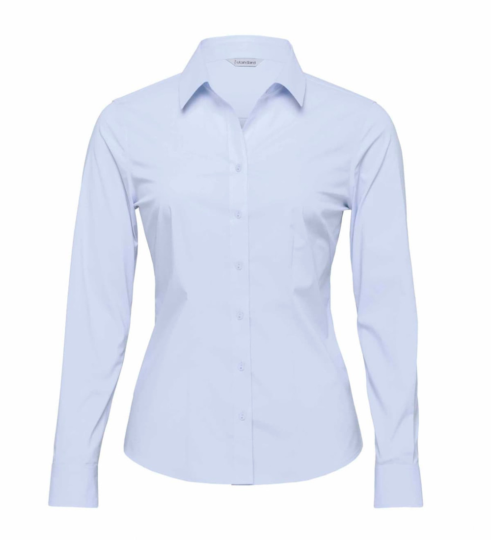 A light blue button-up shirt for women with long sleeves and a collar, featuring a logo on the chest.