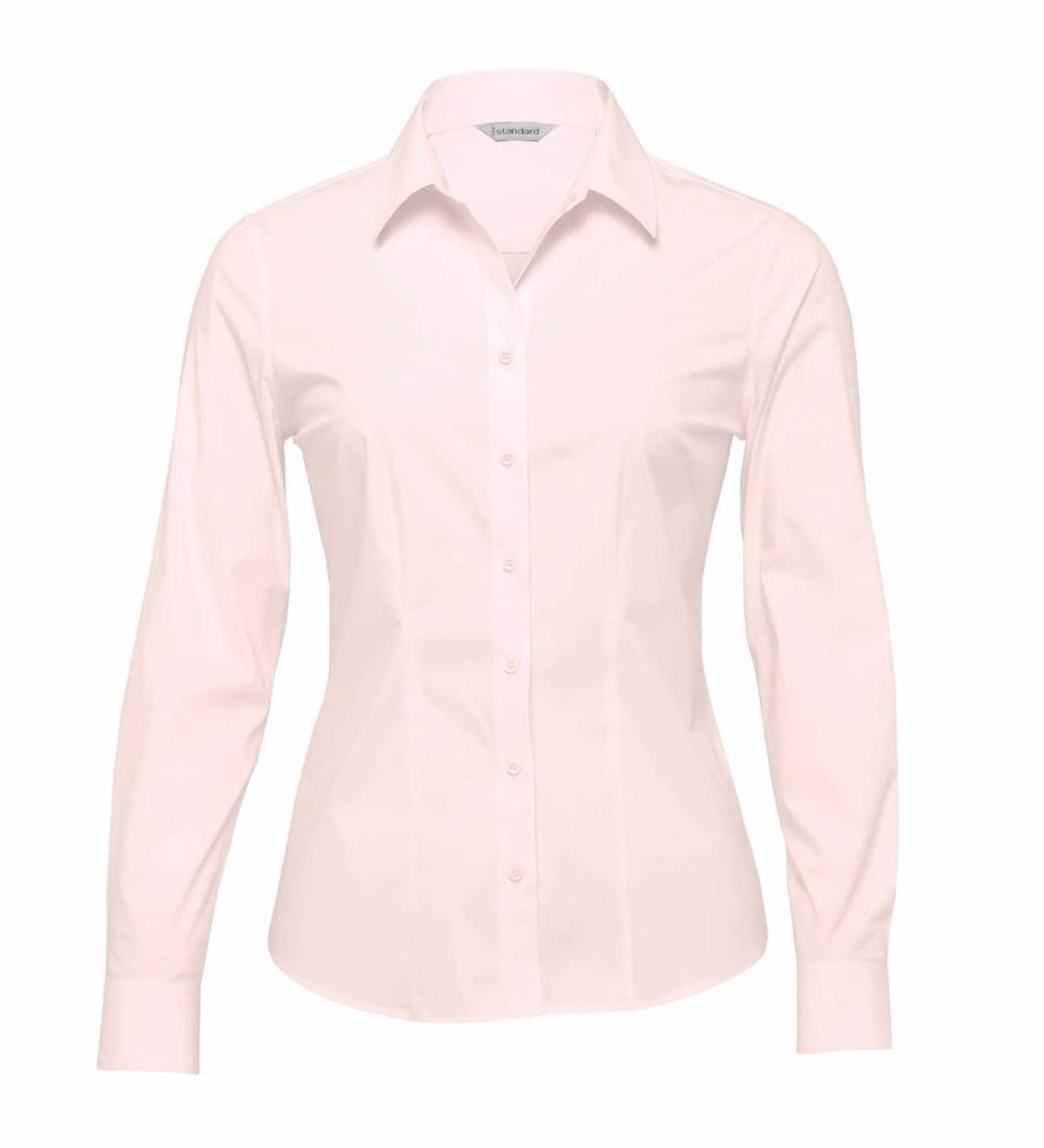 A light cream button-up shirt for women with long sleeves and a collar, featuring a logo.
