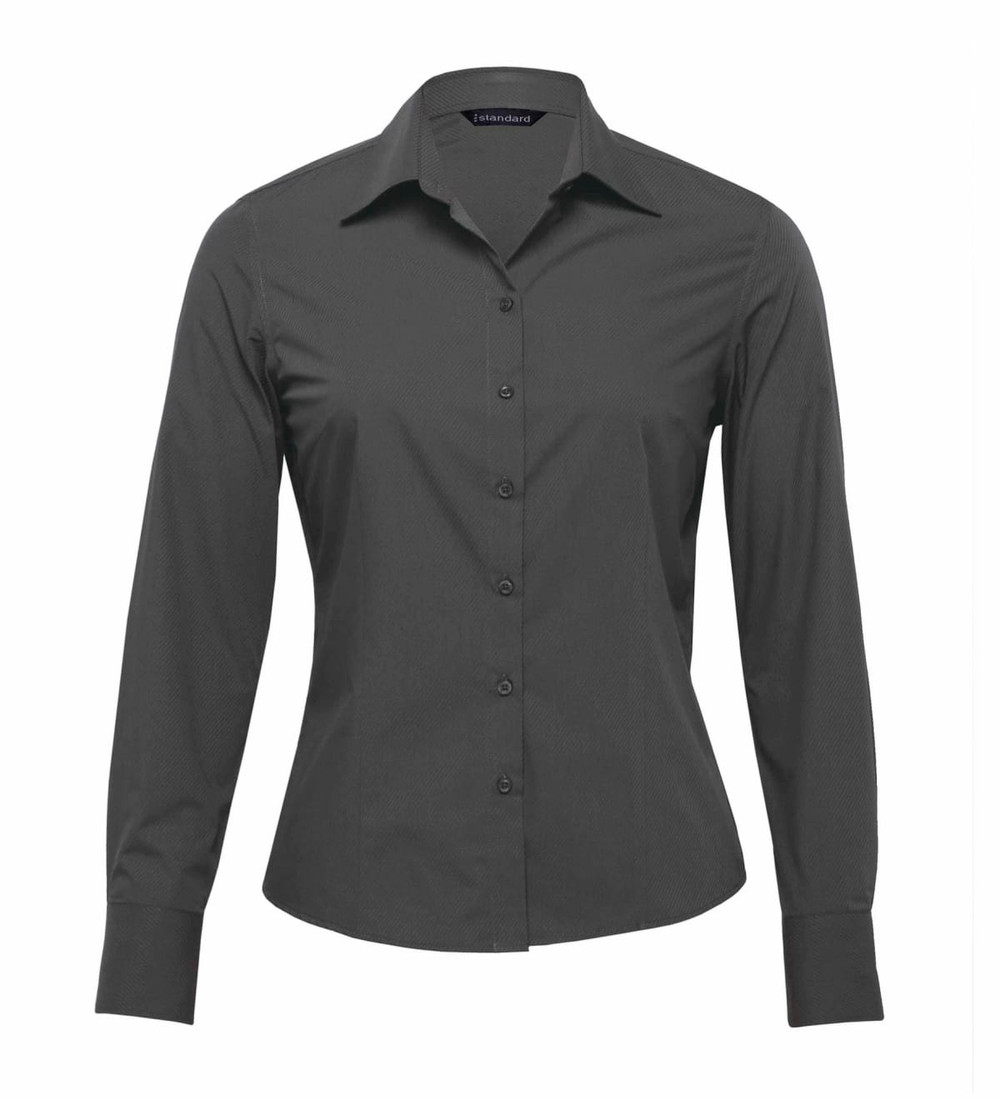 A women's long sleeve button-up shirt in grey, featuring a classic collar and a fitted design.