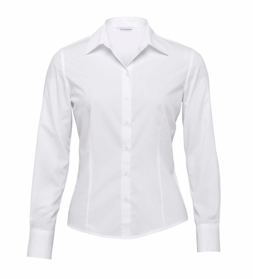 A white women's button-up shirt with long sleeves and a fitted design, featuring a branded logo.