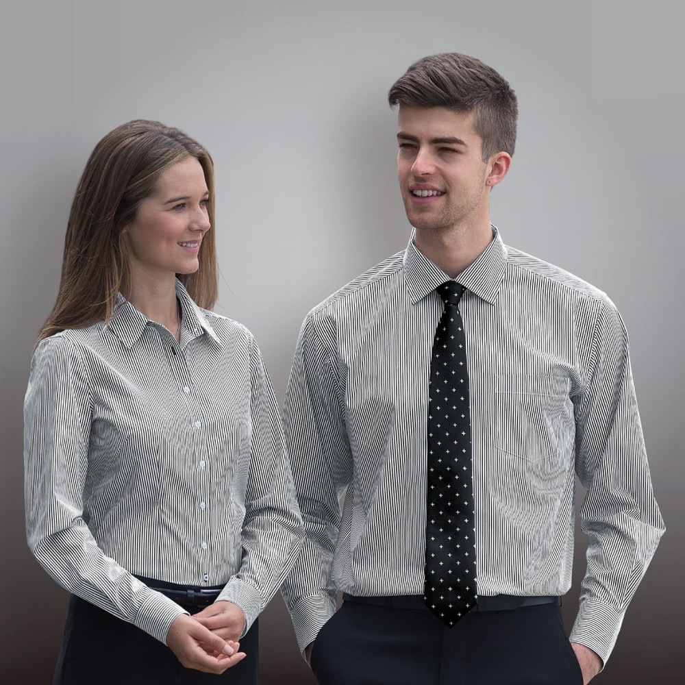 A women’s button-up shirt featuring black and white stripes, modelled by a woman and a man. The shirt has a logo.