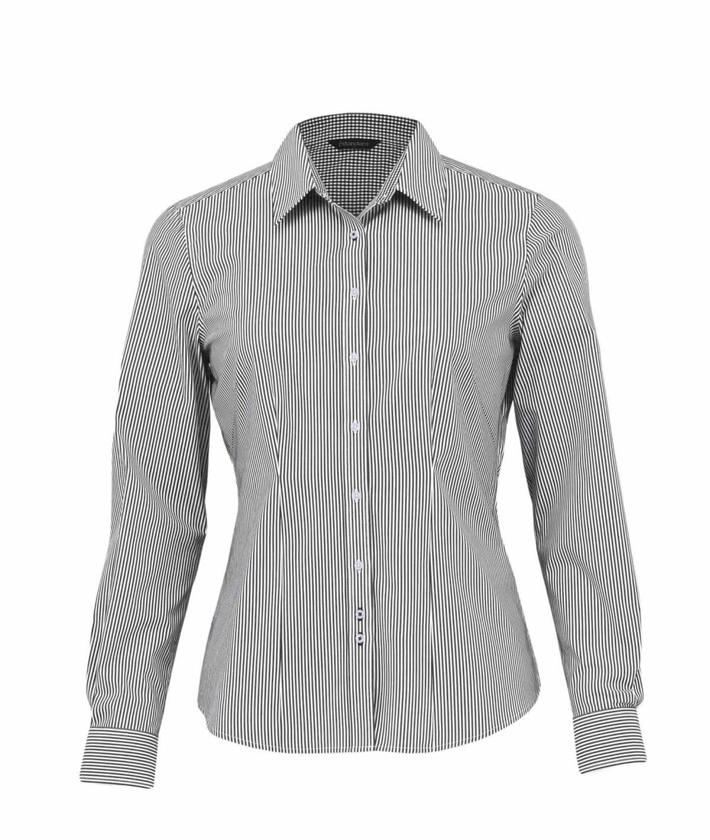 A women's button-up shirt featuring a black and white striped pattern, with long sleeves and a collar. It has a logo.