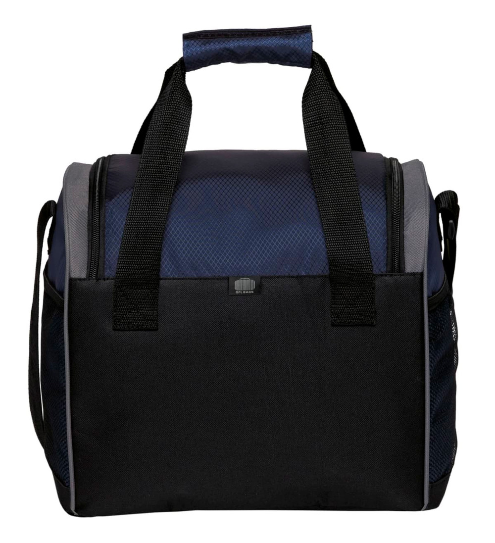 A bistro cooler bag in navy blue and black, featuring double handles and a removable shoulder strap.