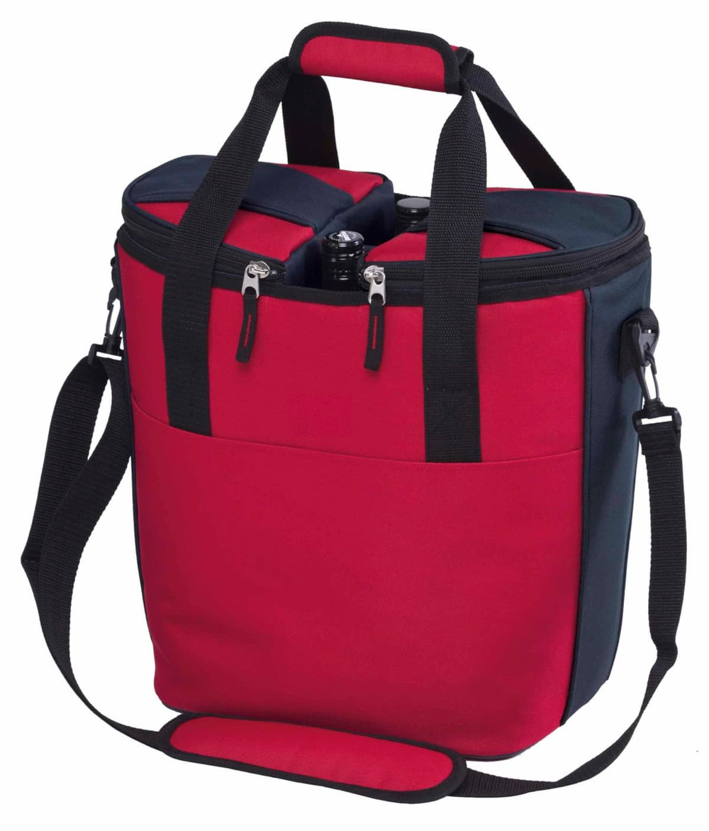 A red and navy cooler bag with dual compartments, featuring two handles and a shoulder strap.